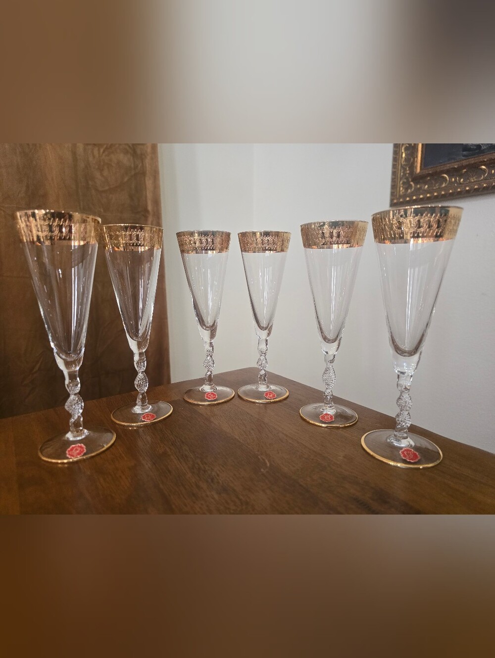 NEW VTG Gold Encrusted Champagne Flutes Set of 5 Twisted Stem Ornate Rim Crystal